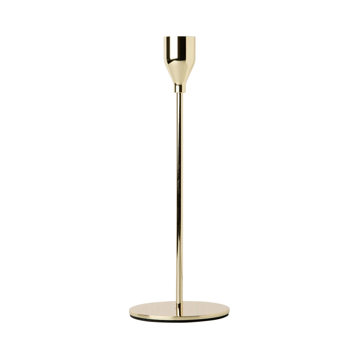 A tall simple gold metal dinner candle stick