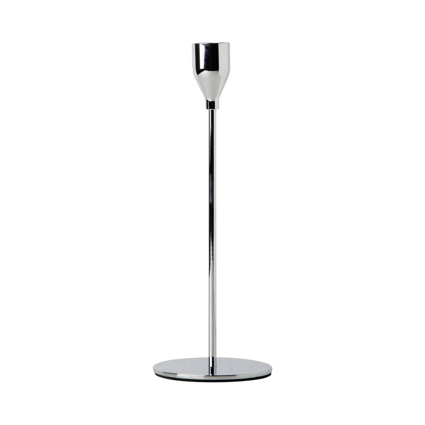 A tall and simple silver metal dinner candle stick