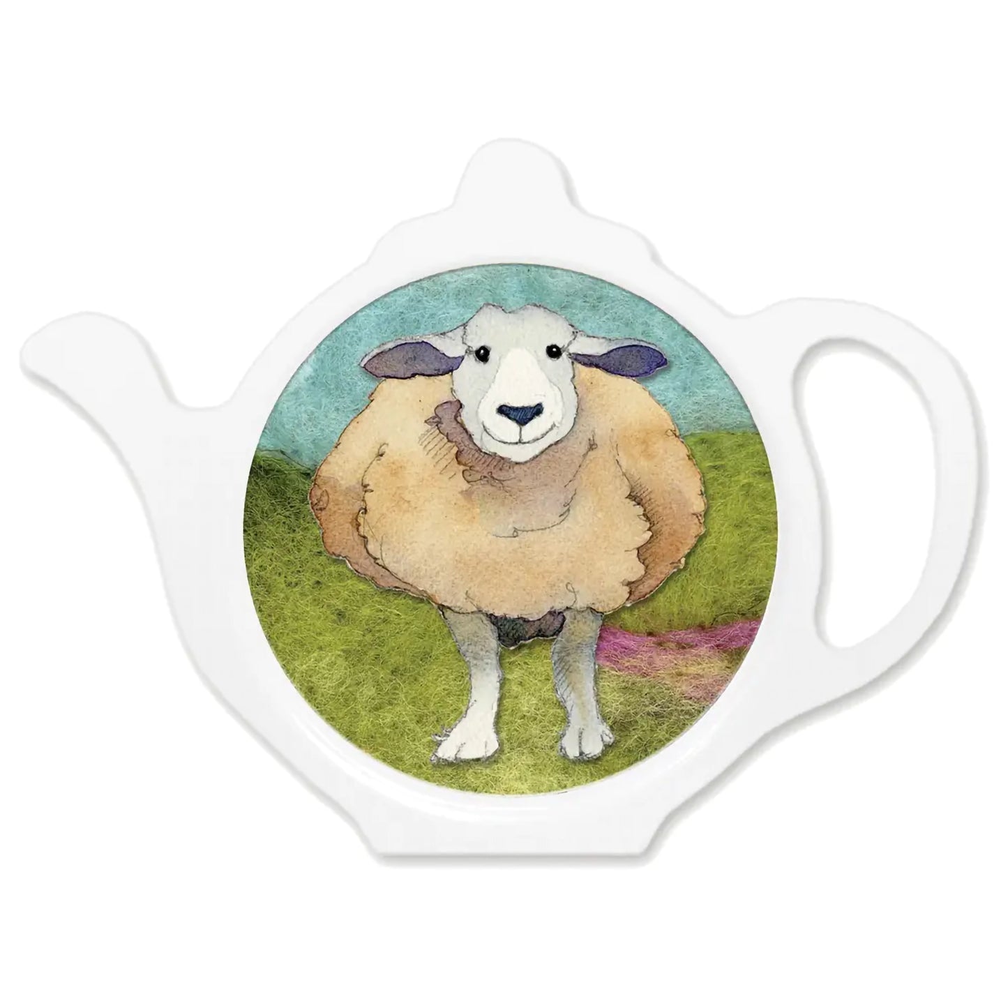 A teabag tiday in the shape of a teapot, featuring an illustration of a happy sheep on a felted landscape