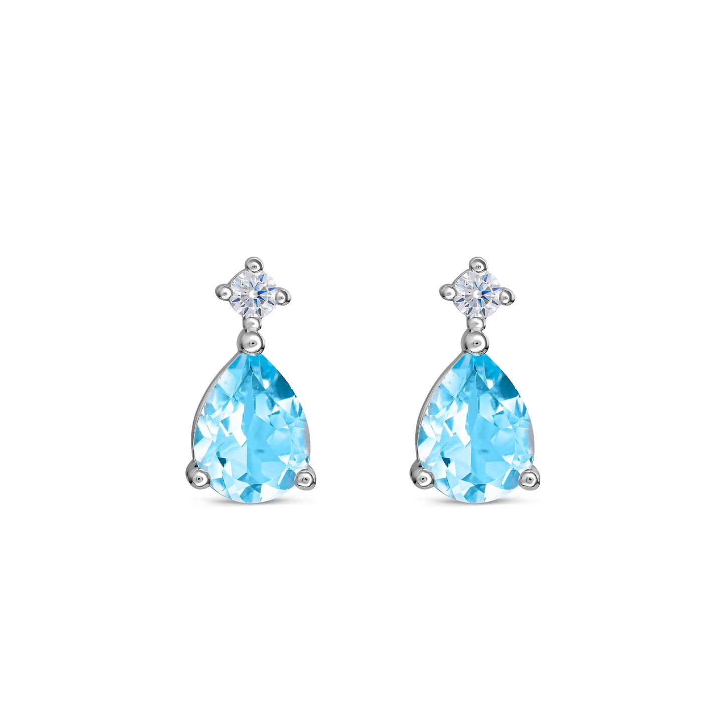 A pair of teardrop shaped stud earrings featuring bright blue topaz stones