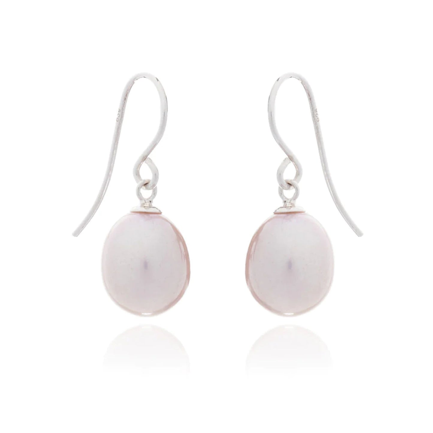 A pair of drop earrings with teardrop shaped pink pearls and silver hooks