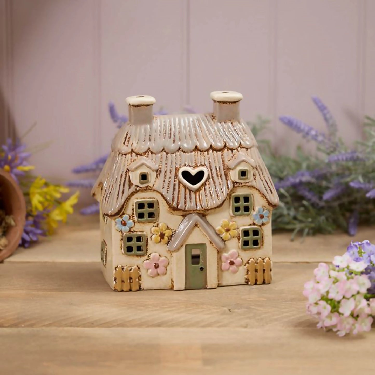 Tealight Holder Floral Thatched Cottage | Cream