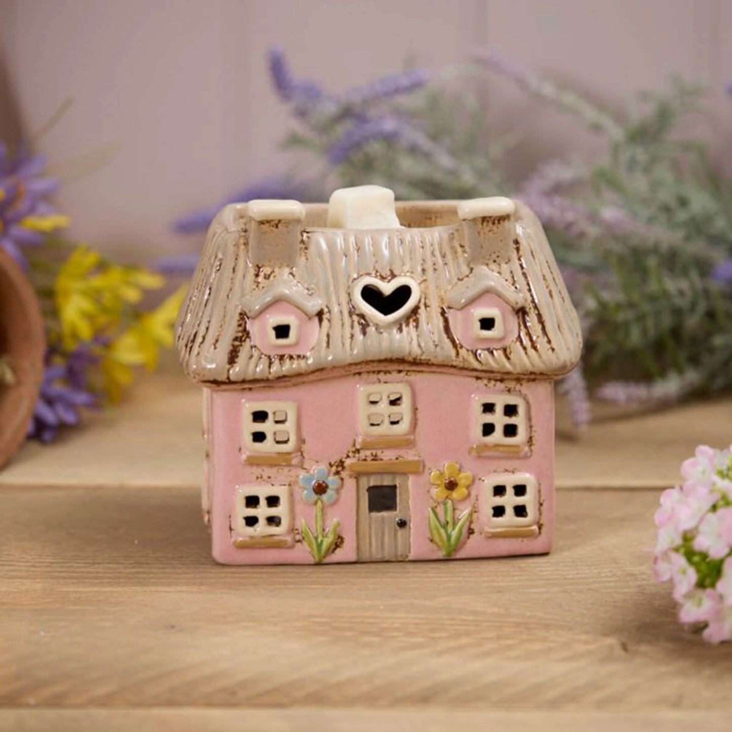 Tealight Holder Floral Thatched Cottage | Pink