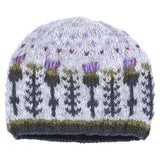 A knitted grey hat featuring a repeating thistle pattern with hearts