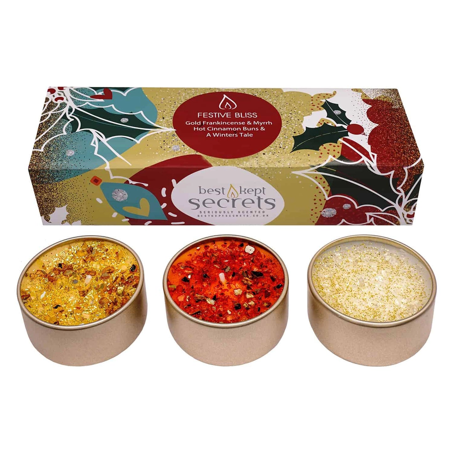 Set of three 'Festive Bliss' candle tins with glitter top details