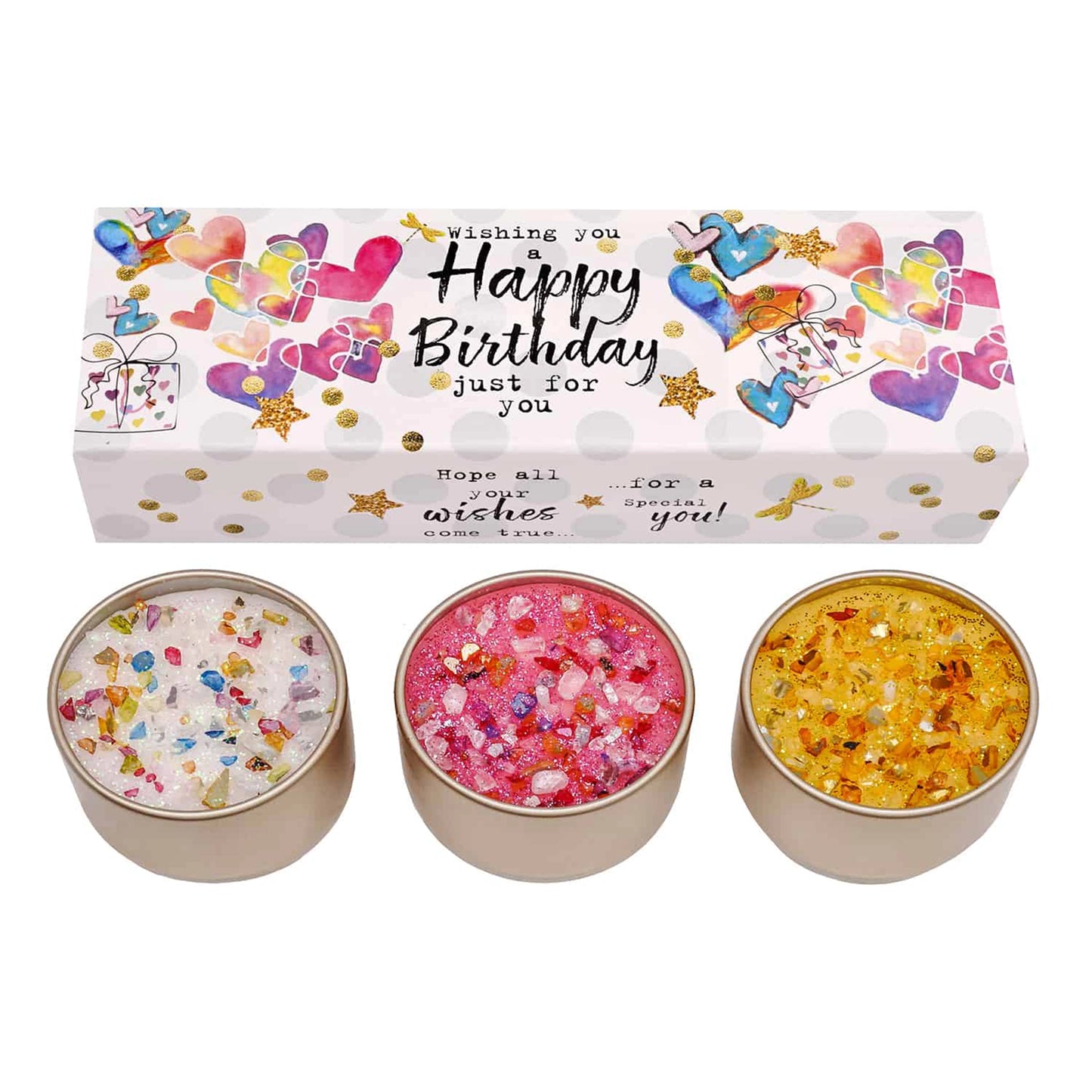 Set of three 'Happy Birthday' candle tine with glitter top details