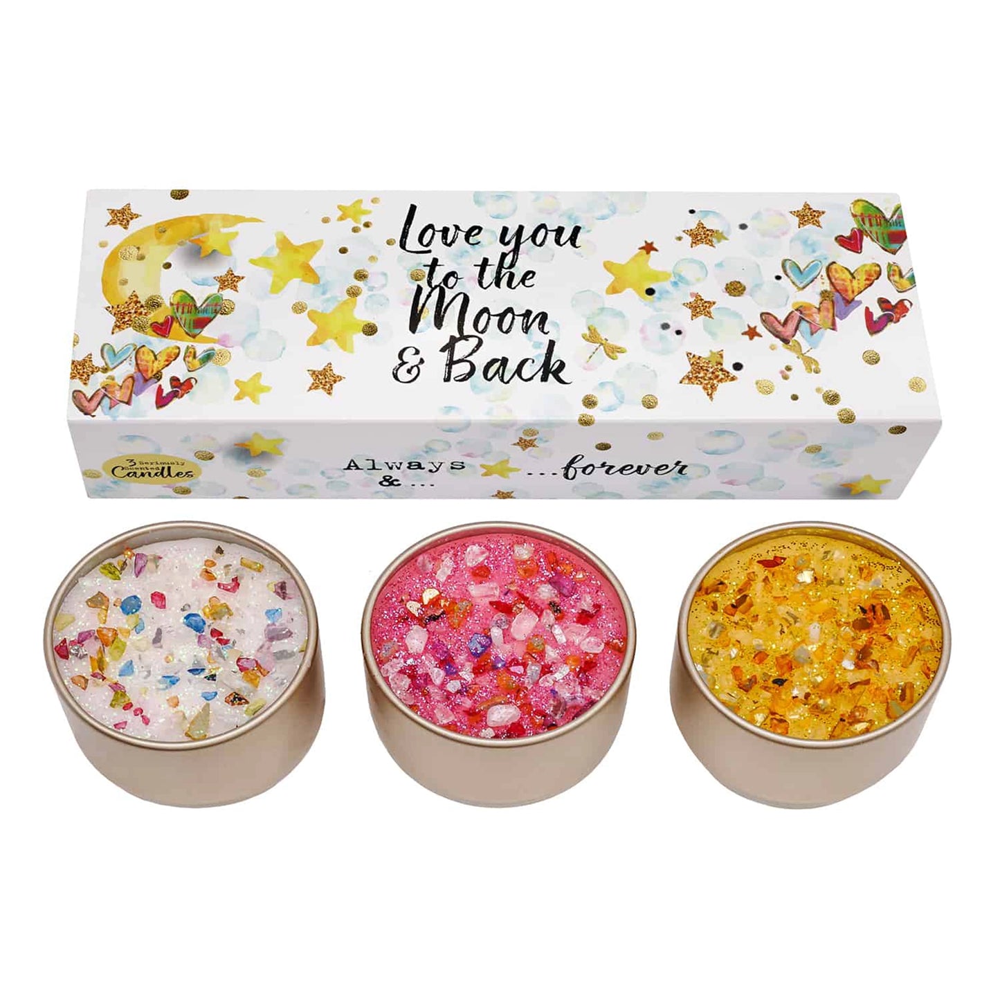 Set of three 'Love You To The Moon' candle tine with glitter top details