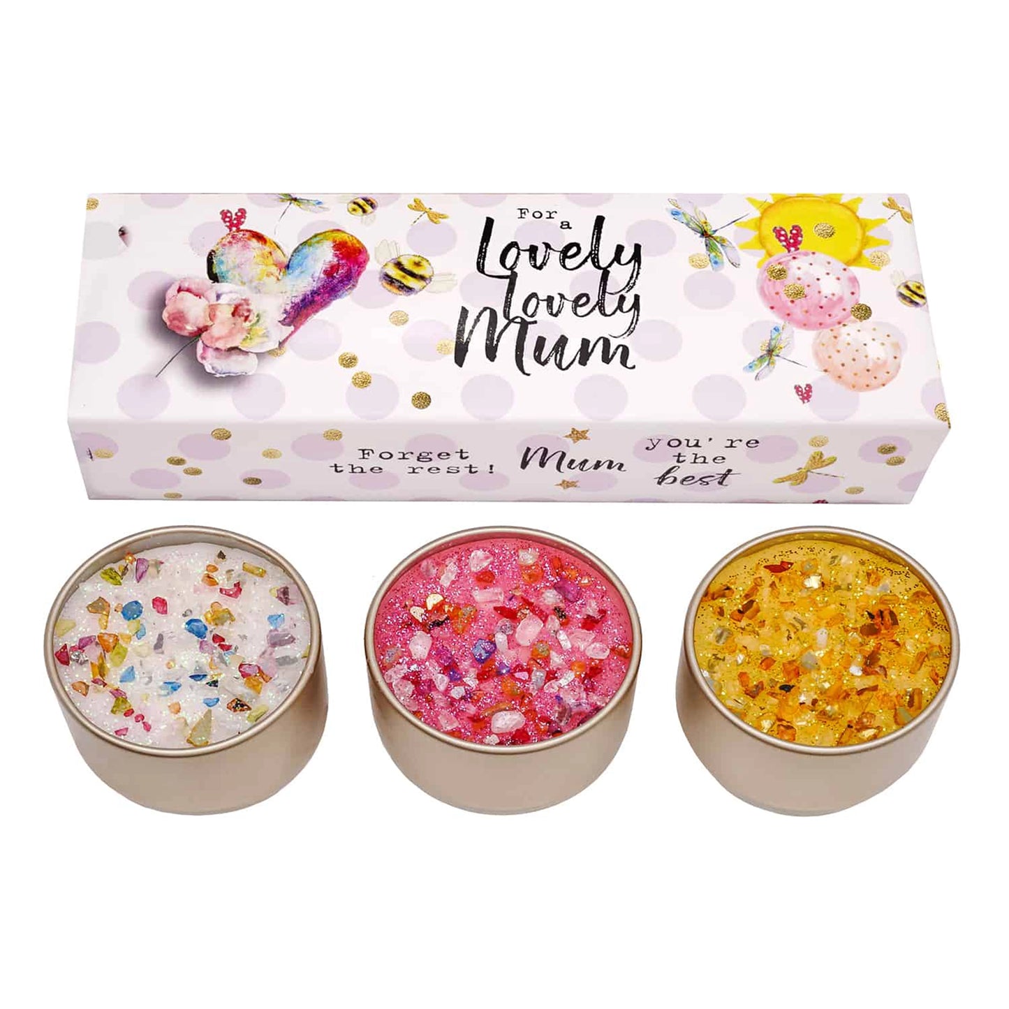 Set of three 'Lovely Mum' candle tine with glitter top details