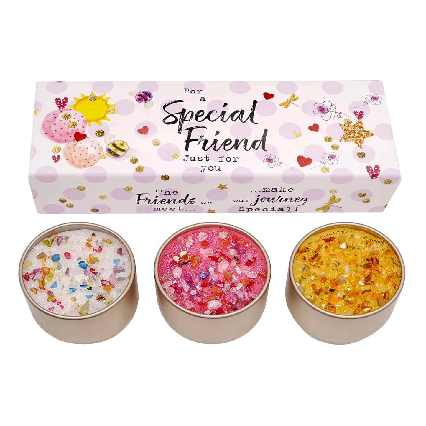 Set of three 'Special Friend' candle tine with glitter top details