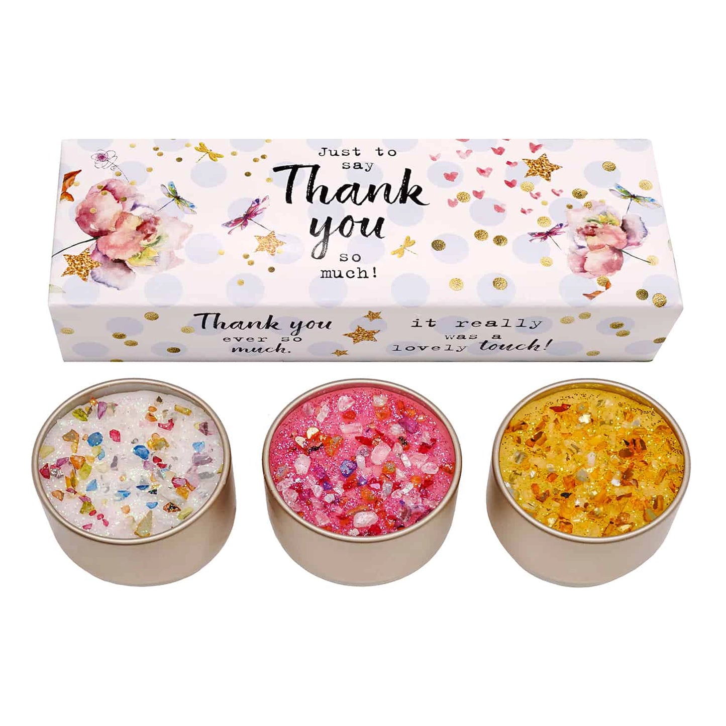 Set of three 'Thank You' candle tine with glitter top details