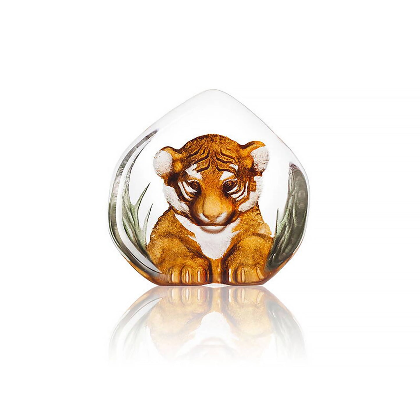 Cut crystal sculpture with painted tiger cub engraving