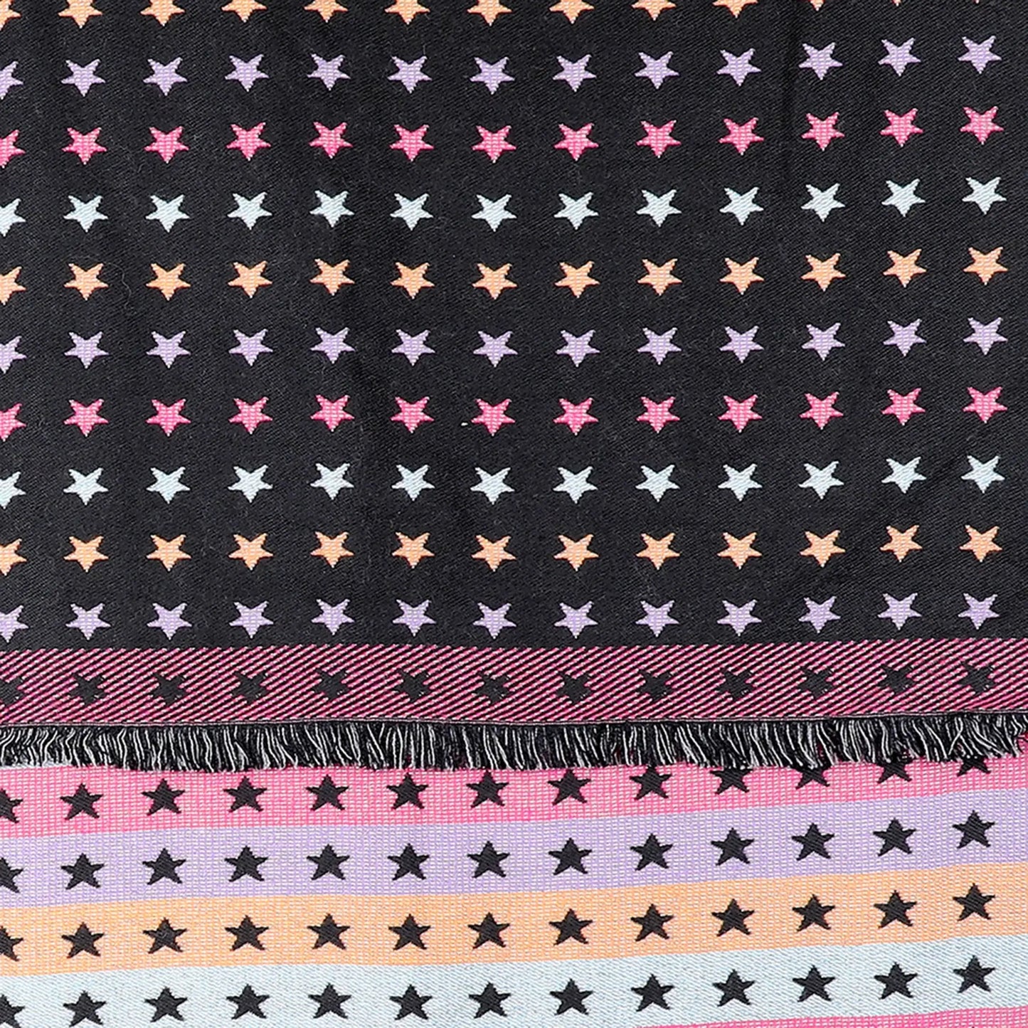 Reversible black and pastel rainbow stars and stripes scarf pattern detail