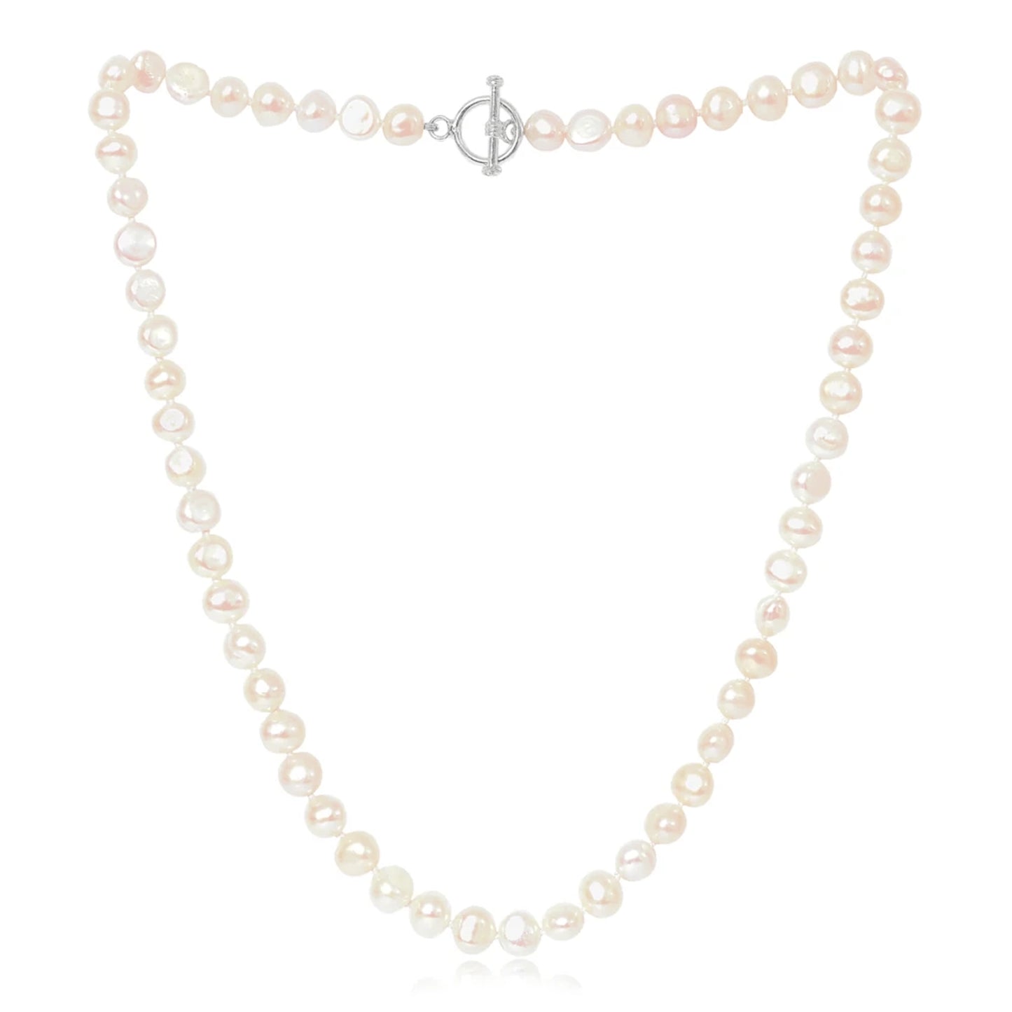 A silver toggle clasp necklace strung with natural shaped pink freshwater pearls