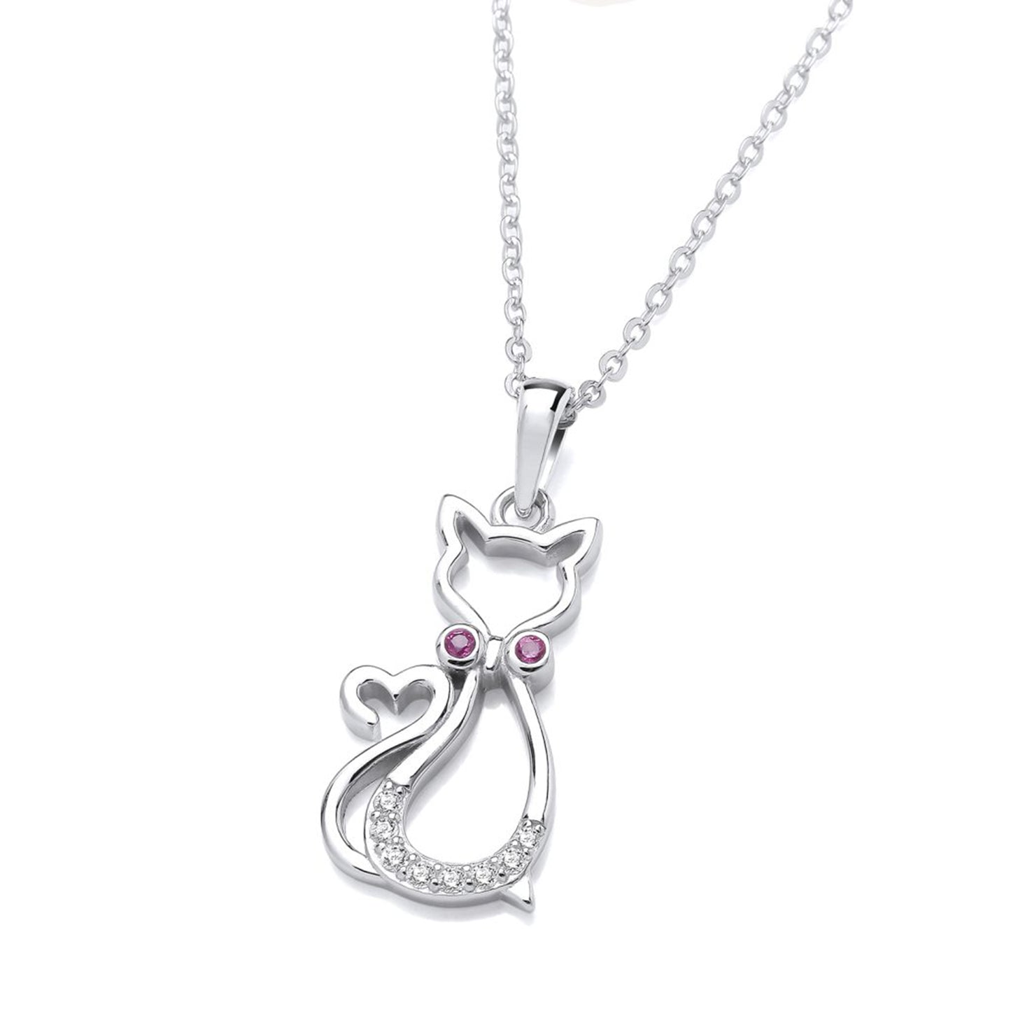 Silver sitting cat pendant with CZ details along the bottom and two purple ones on the collar