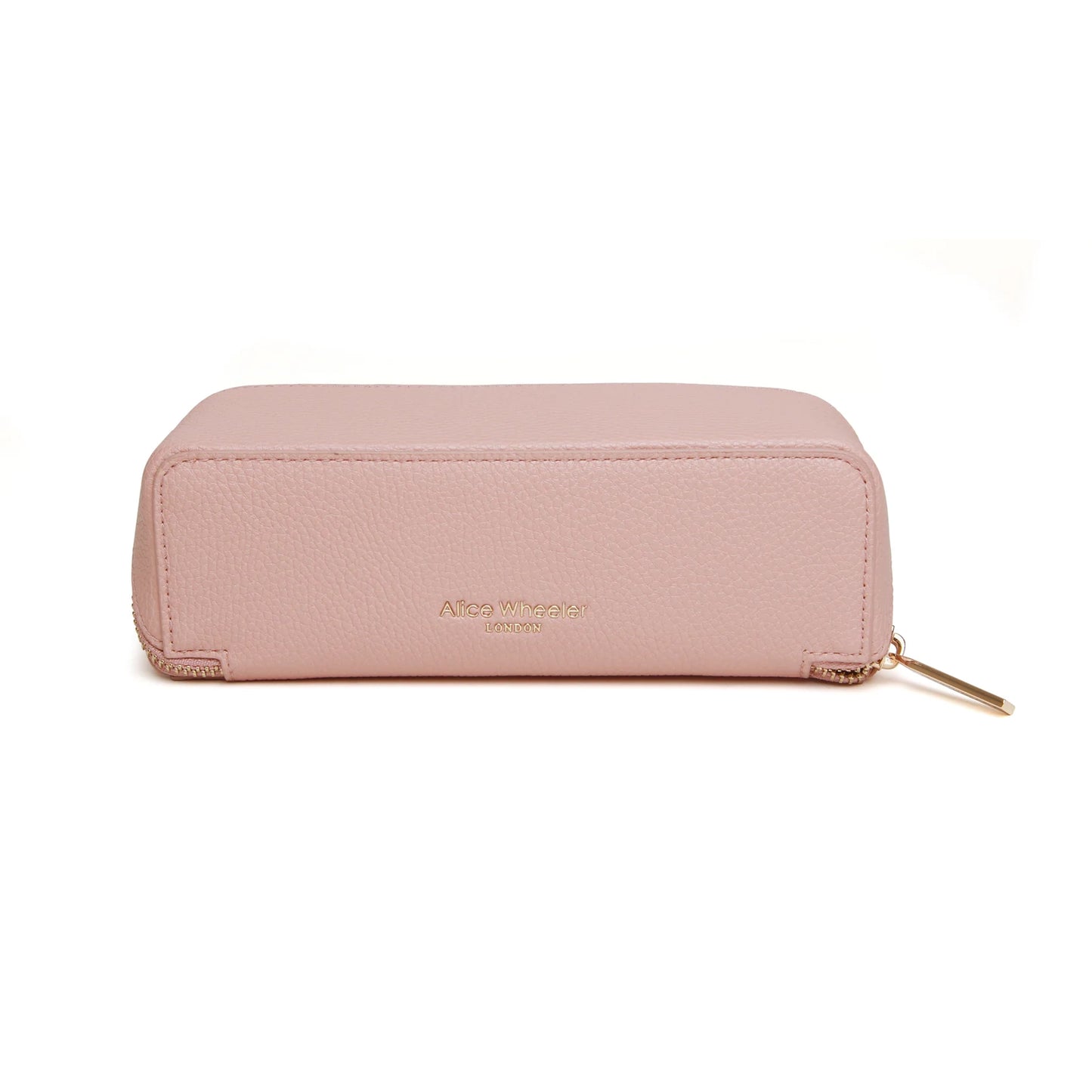 Back of a pink faux leather cosmetic train bag with gold Alice Wheeler logo and zip closure
