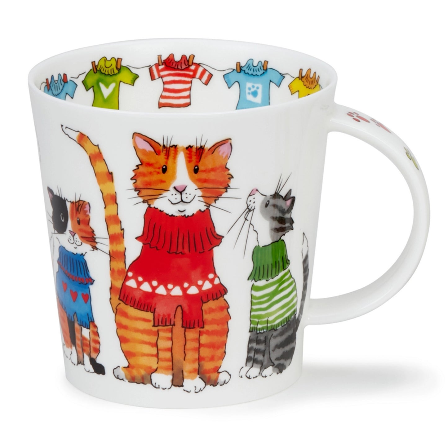 White mug with illustration of cats in jumpers and a washing line of jumpers on the inner rim