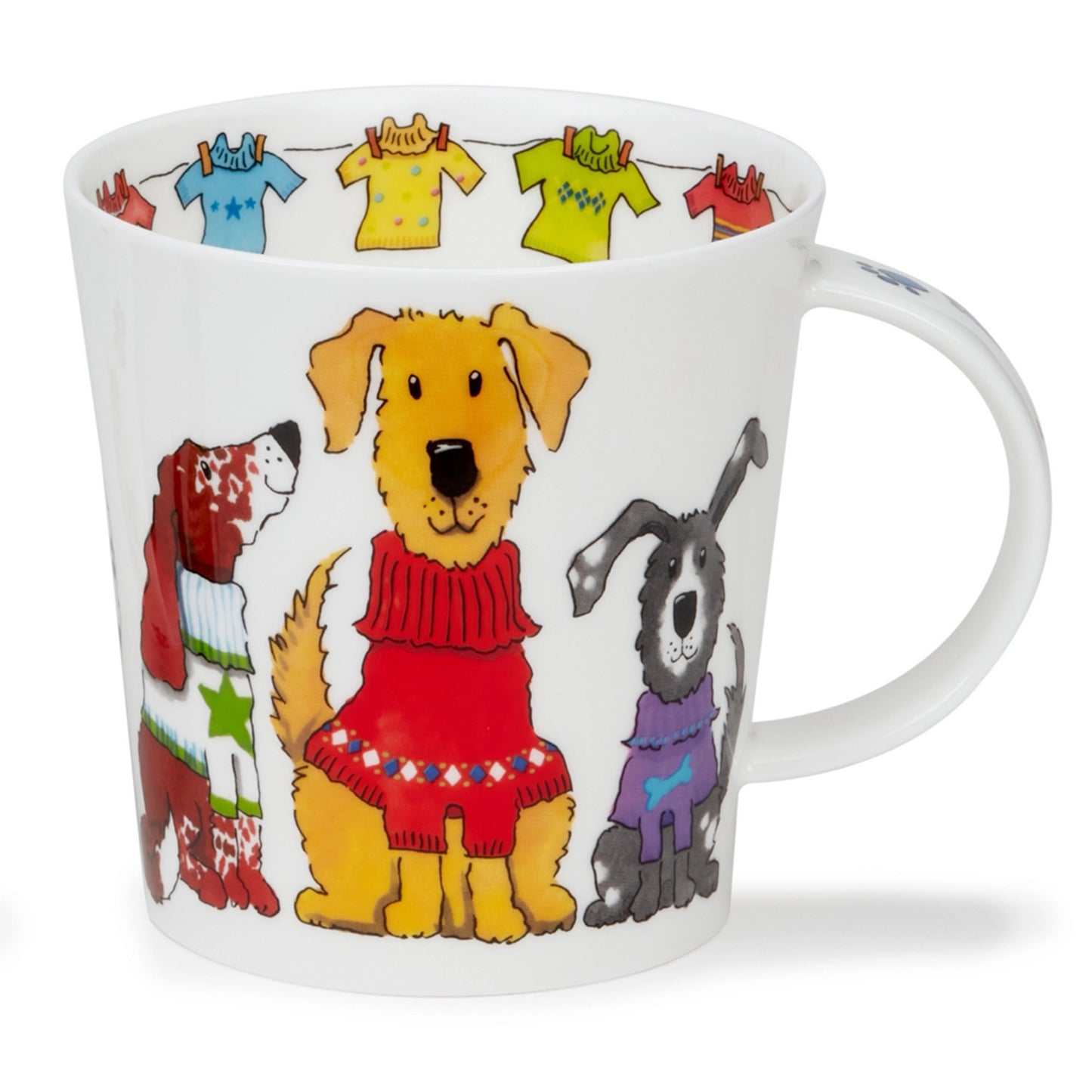 White mug with illustration of dogs in jumpers and a washing line of jumpers on the inner rim