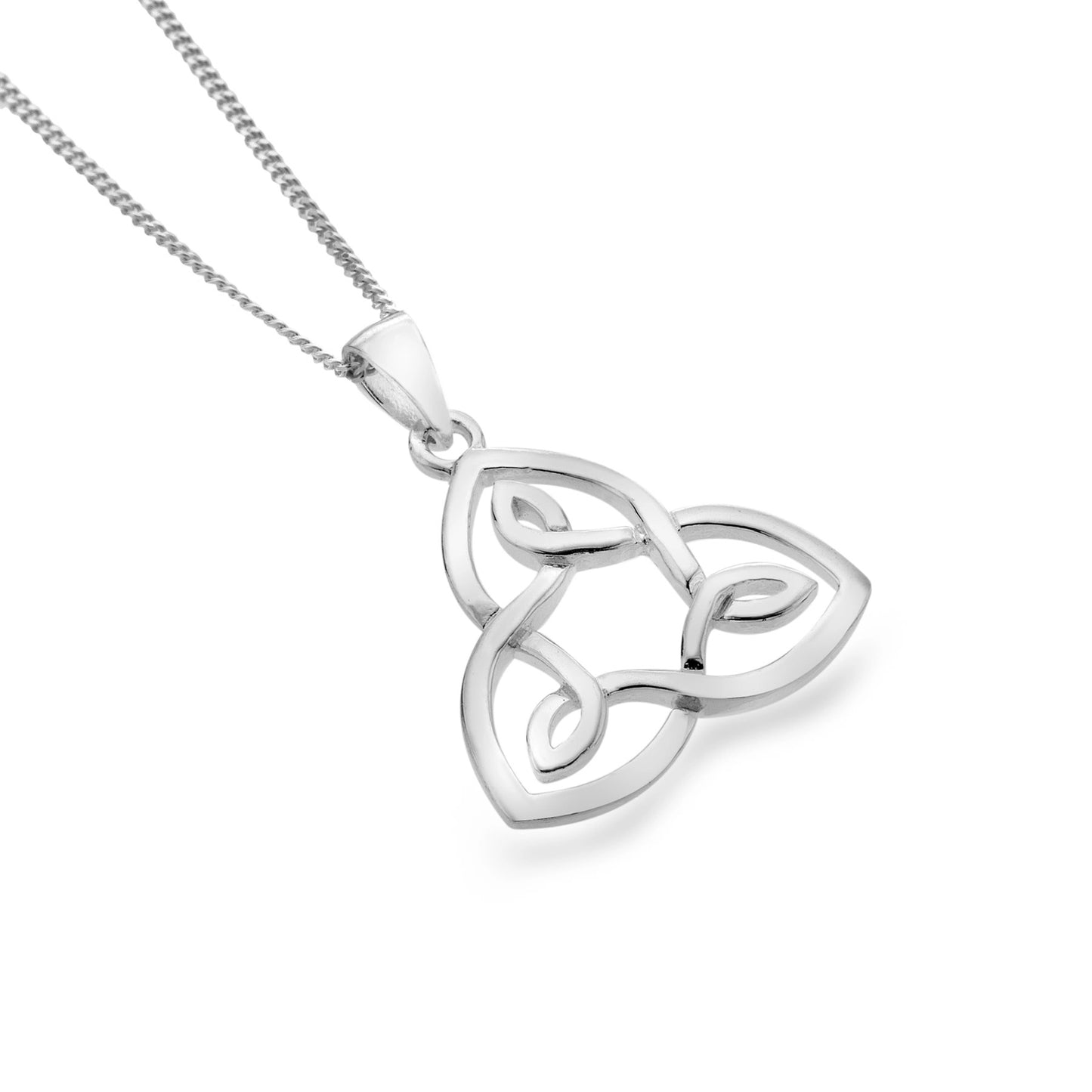 Silver pendant shaped like a Celtic trinity knot with swirl design