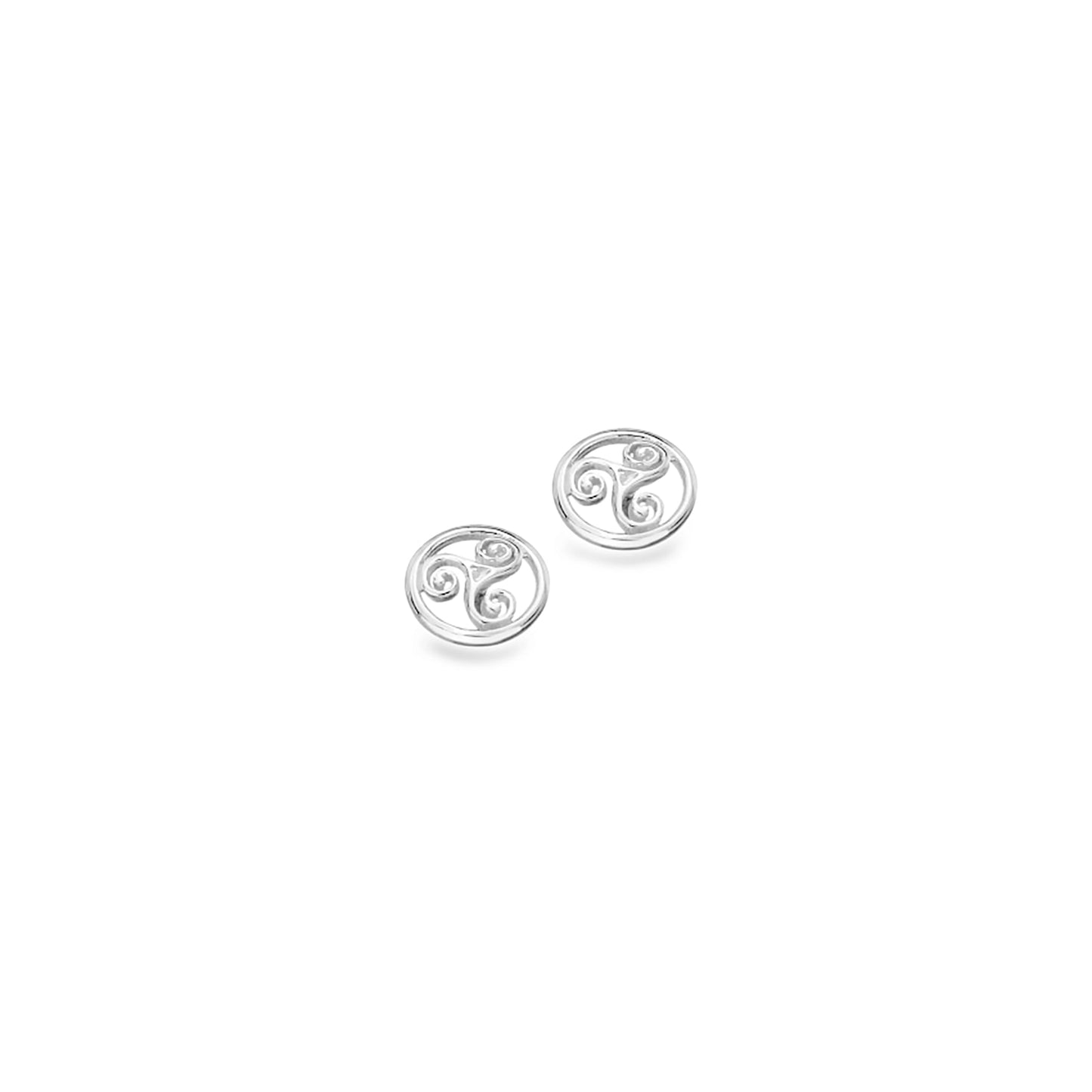 Round stud earrings with triskele swirls in the centre