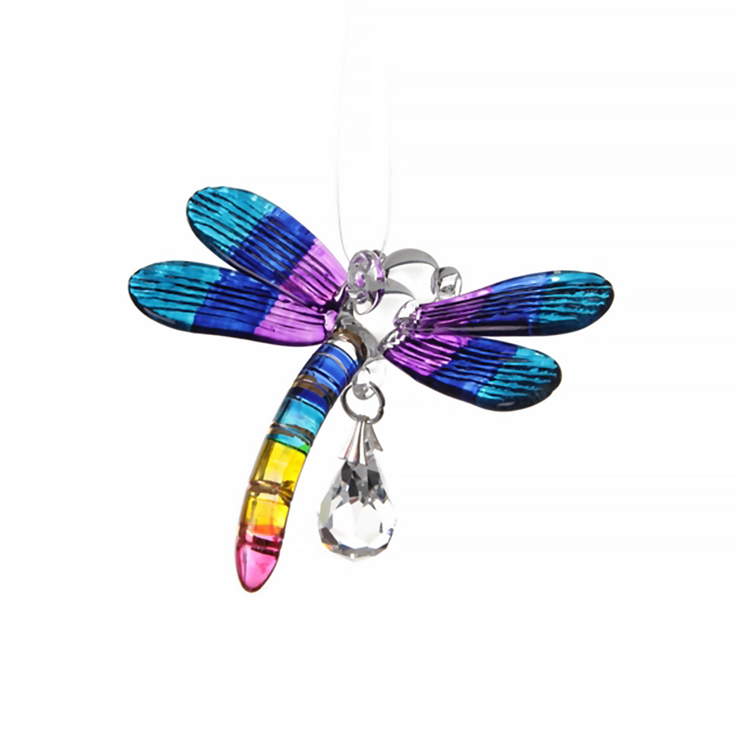 Purple, blue, yellow and pink dragonfly crystal hanging ornament