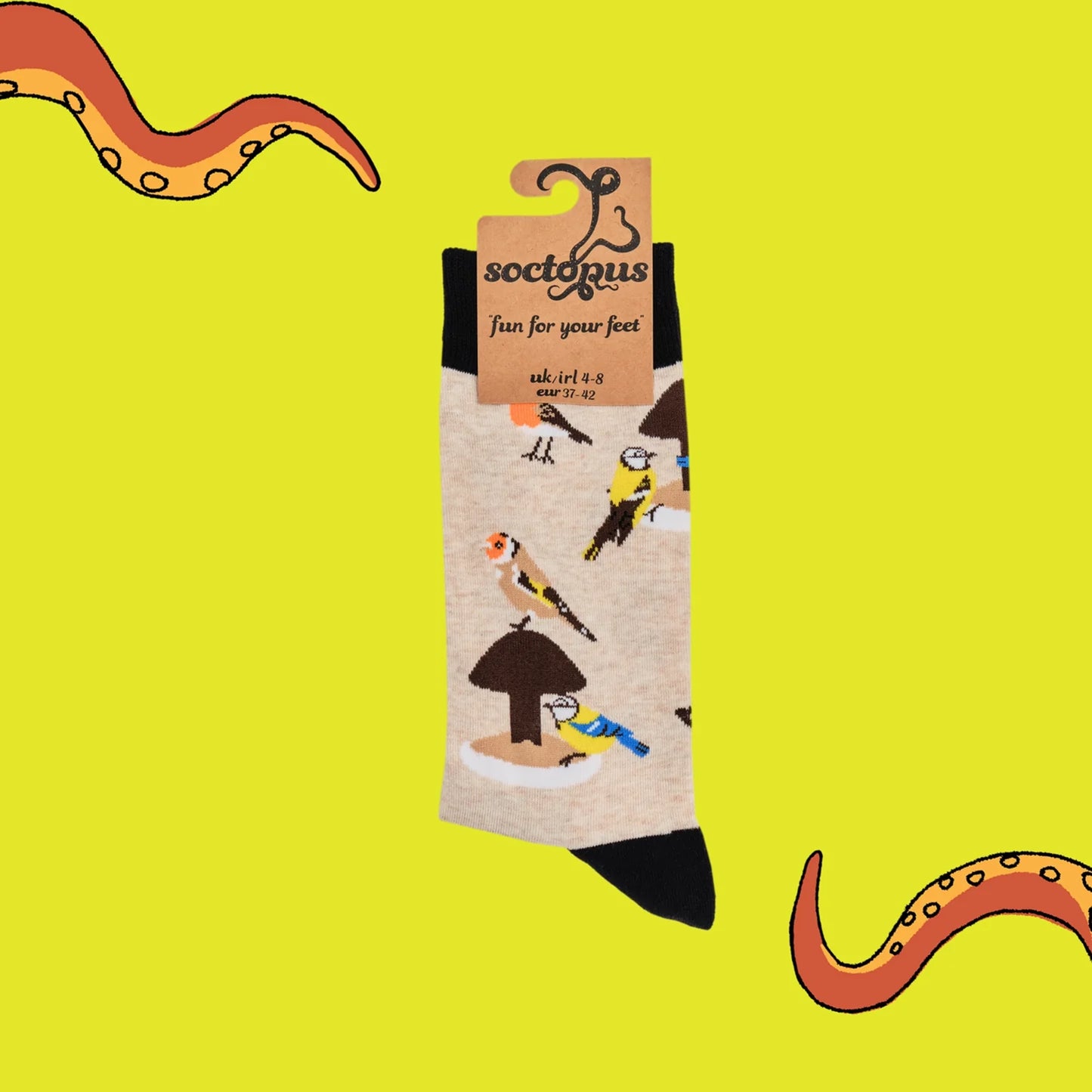 Pair of beige socks with British birds design