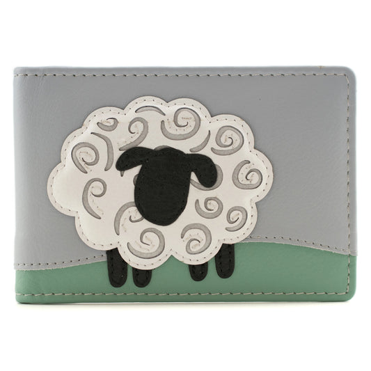 A grey leather card purse featuring a sheep applique design