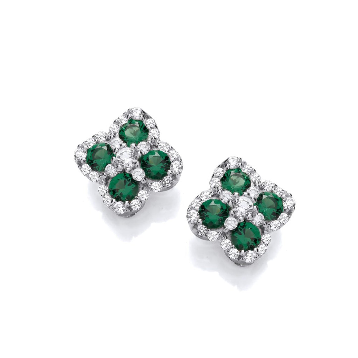 Silver clover vintage style deco stud earrings with emerald CZ stones