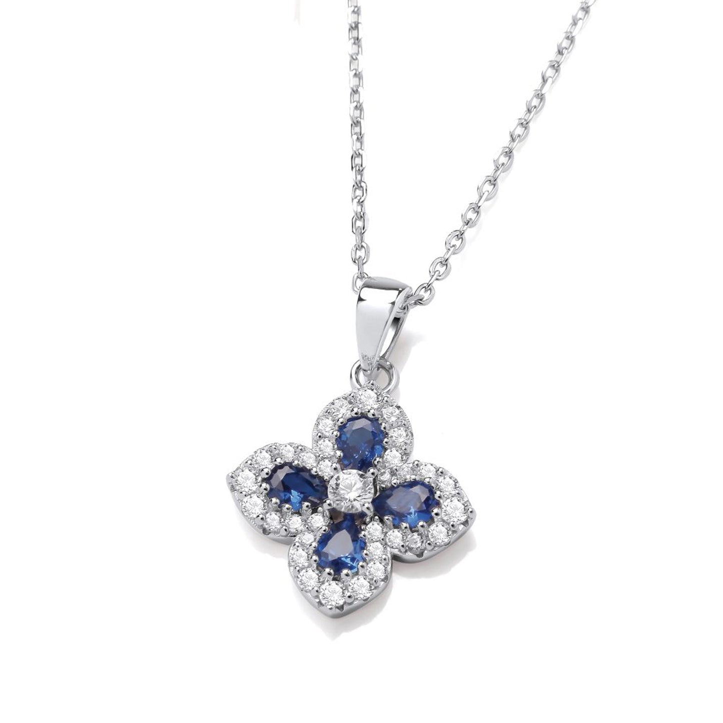 Silver clover vintage style deco pendant withsapphire CZ stones
