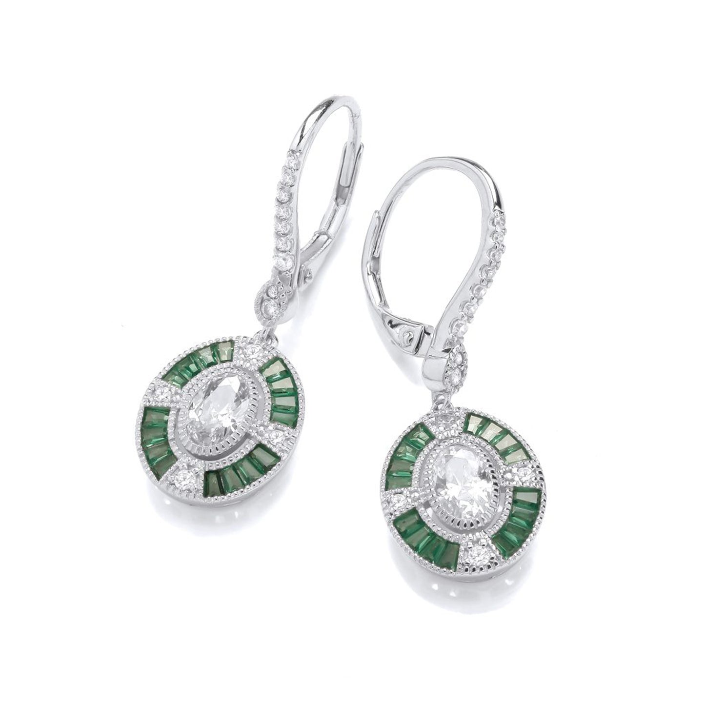 Pair of oval vintage style deco earrings with emerald CZ stones