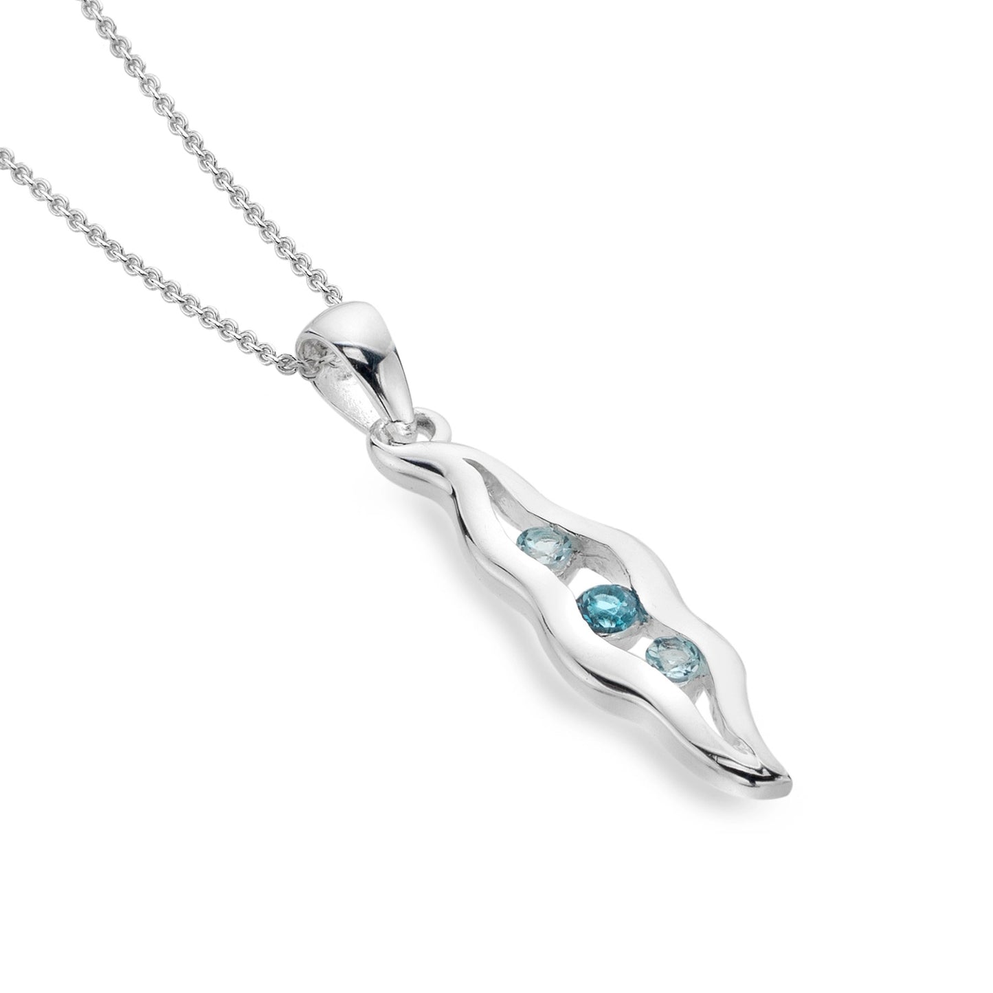 A silver double wave shaped pendant with three blue topaz stones in the centre