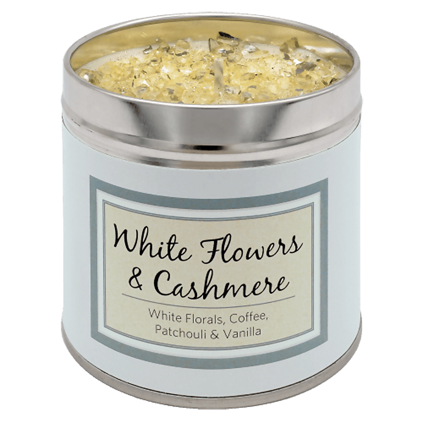 White Flowers & Cashmere scented candle tin with glittery white decorated top