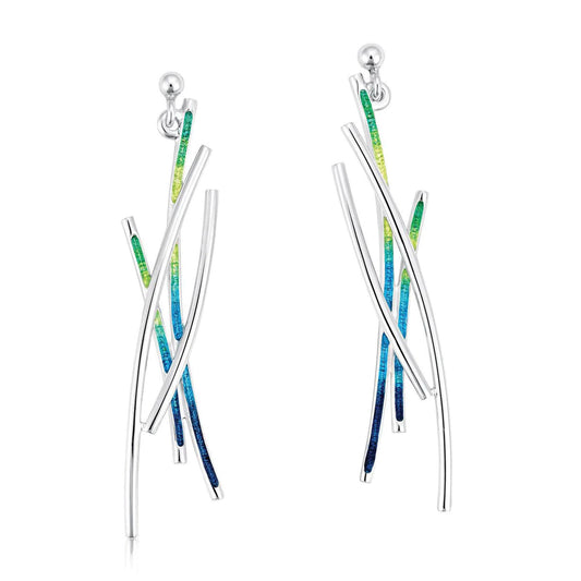 Silver earrings with four strands, two silver and two in green and blue enamel on drop post fittings