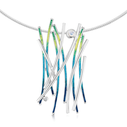 Silver necklet with multi-strands in silver and green/blue enamel with a moonstone and cubic zirconia on neck wire