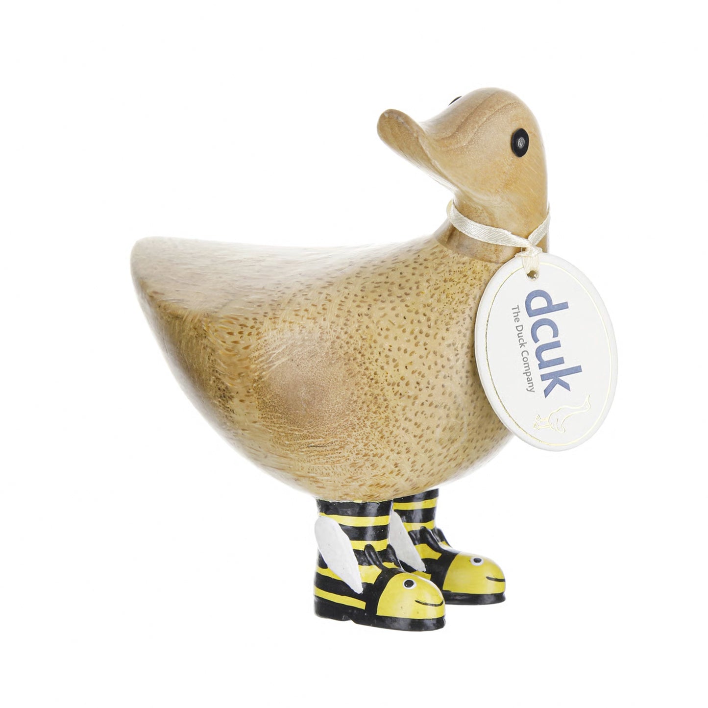 A short wooden ducky ornament sculpture with bumble bee wellies