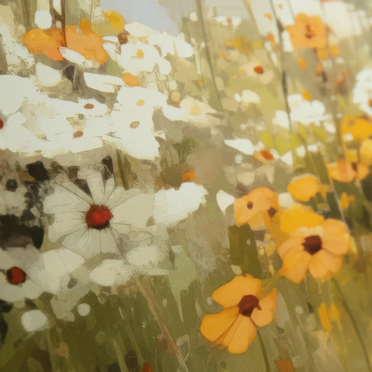 A box framed canvas with an English wildflower countryside and pond by Sabrina Roscino print detail