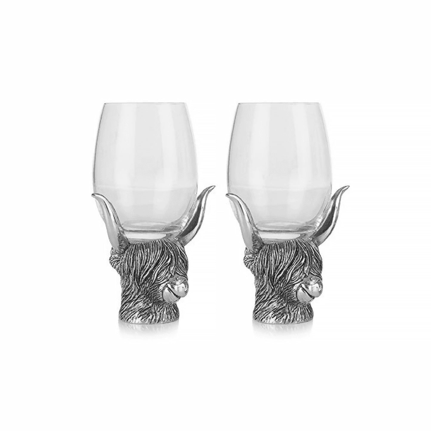 A pair of wine glass with pewter Highland cow head bases
