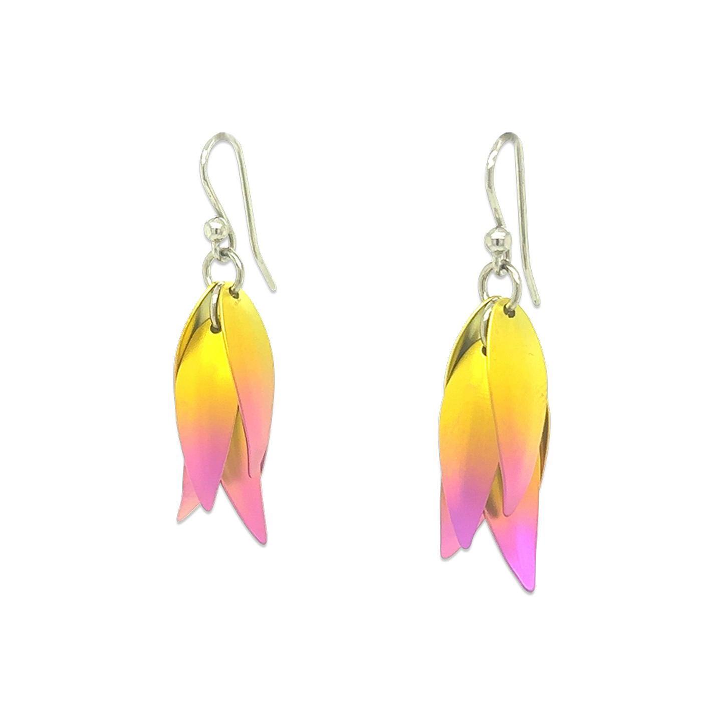 Titanium drop flower shaped earrings with yellow and pink ombre