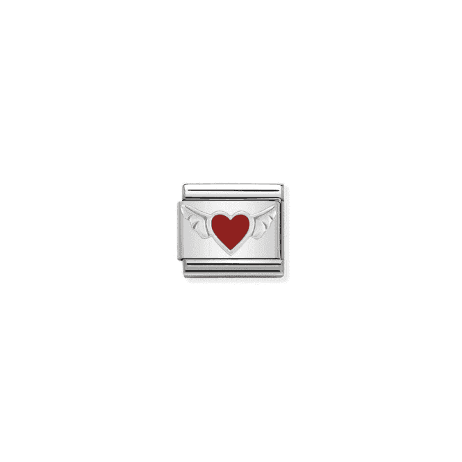 Flying Red Heart Wings Charm - Silver-Enamel