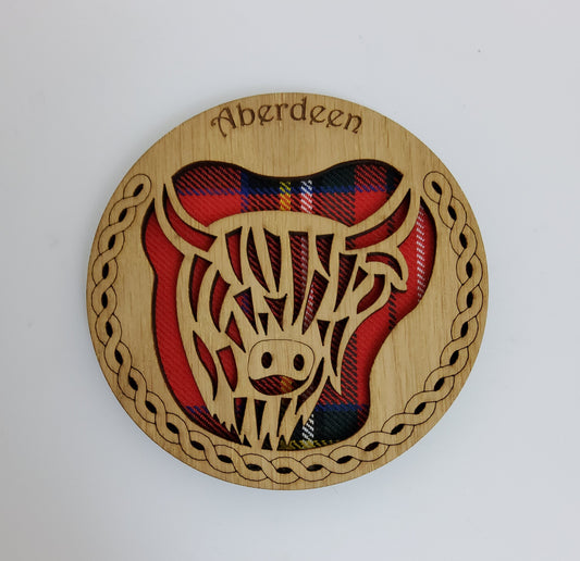 Round Aberdeen Coo Coaster with Tartan