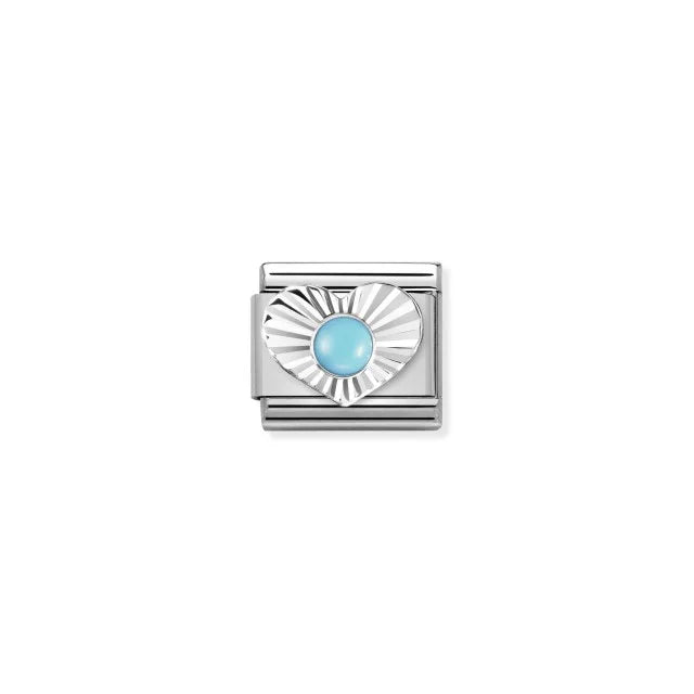 Pleated Heart Surround Turquoise Charm - Silver