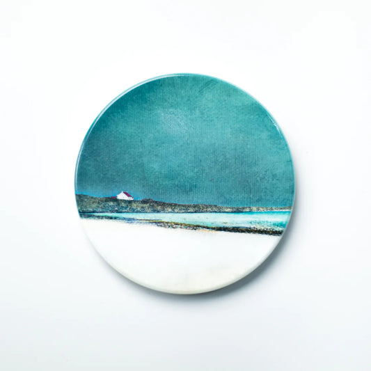 Ceramic round coaster with print of a seascape from the Isle of Barra in teal blues