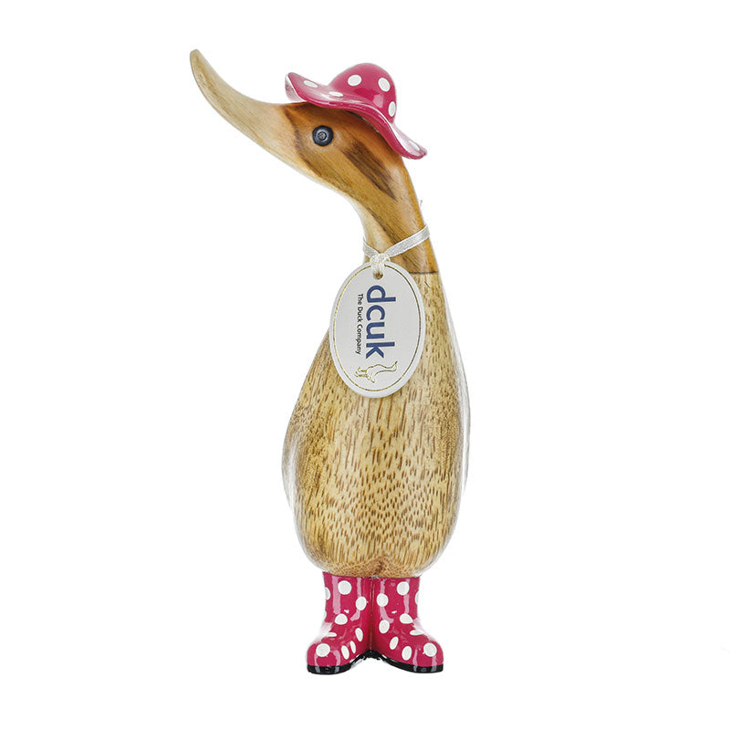 Spotty Hat Wooden Duckling | Dark Pink