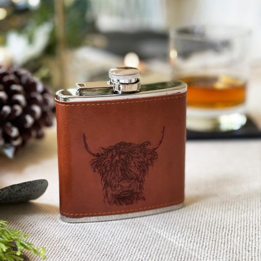 Highland Cow Leather Hip Flask