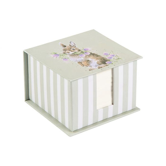 Memo block stationery in green with watercolour hare & purple flowers on top with stripe detail on the sides