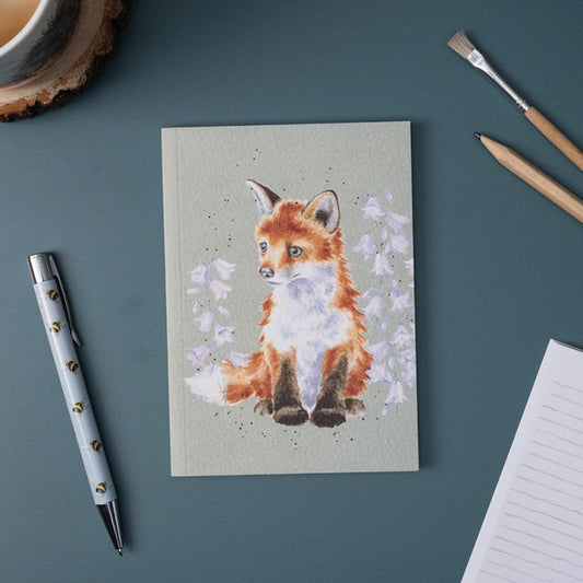 A6 size paper notebook in grey with sitting fox watercolour art cover