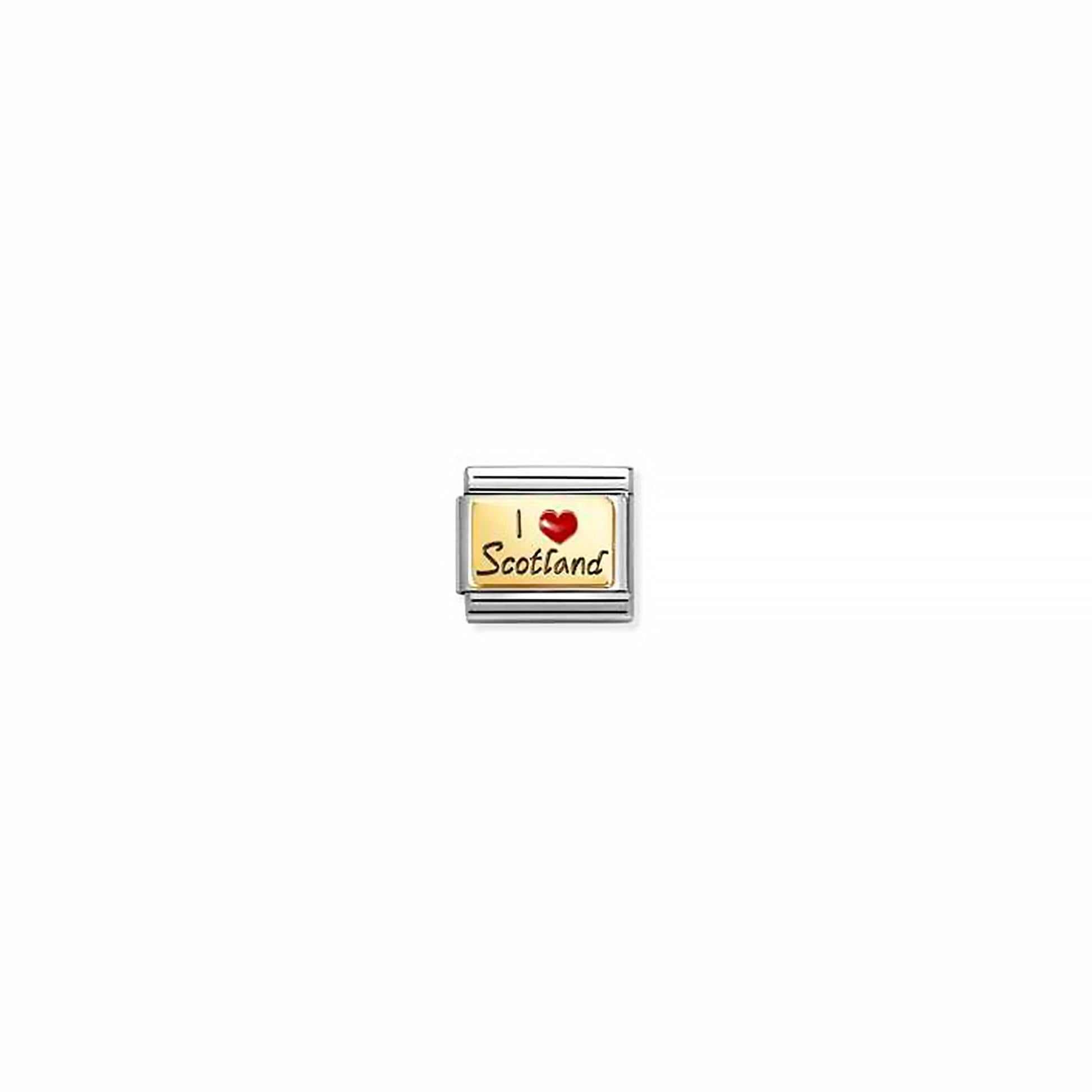 Nomination Link charm 18K gold plaque engraved with I ♥ Scotland in red and black enamel