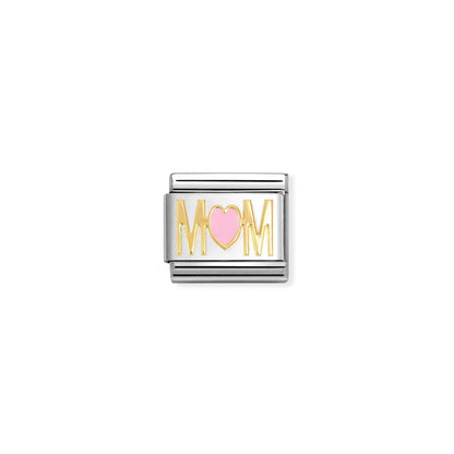 Mum with Pink Heart Link | 18k Gold & Enamel