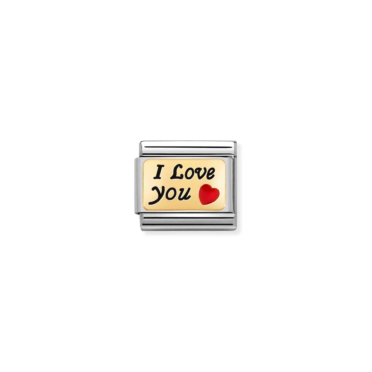 Nomination link with yellow gold plaque engraved with the words 'I love you' and a red enamel heart