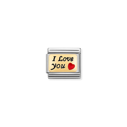 Nomination link with yellow gold plaque engraved with the words 'I love you' and a red enamel heart