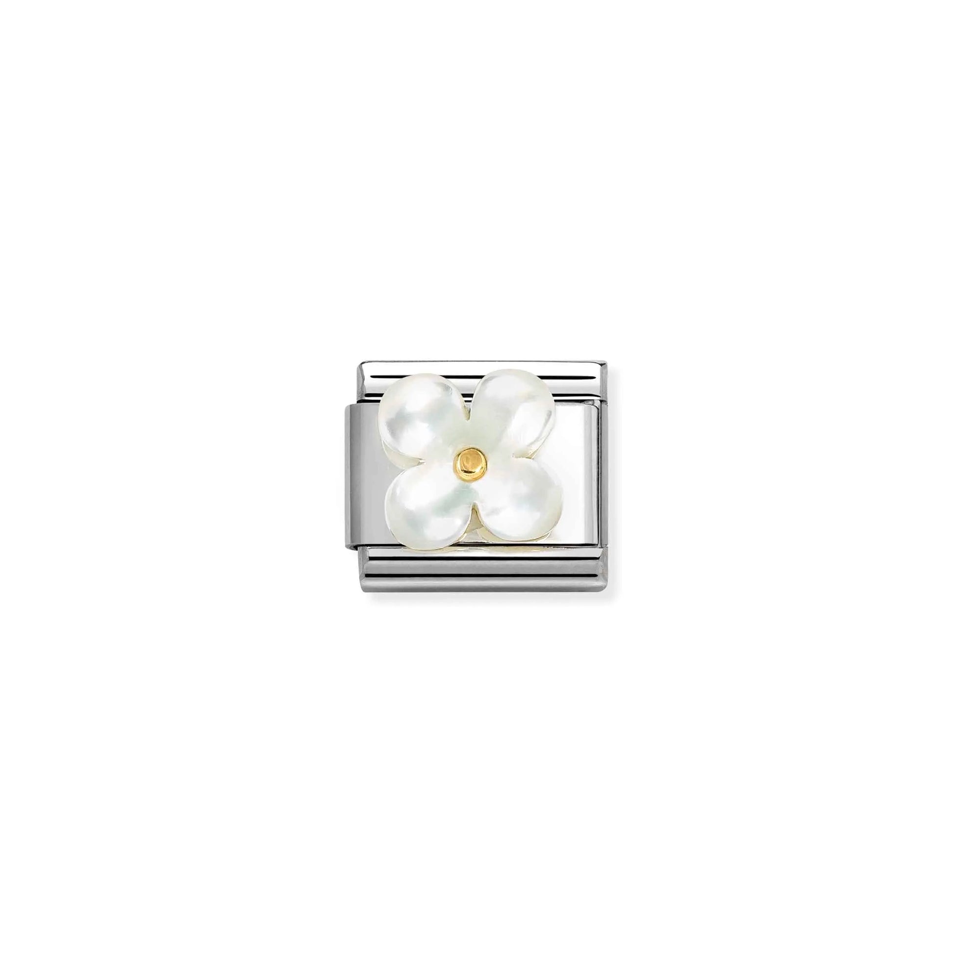 Nomination link with white mother of pearl flower and a yellow gold centre